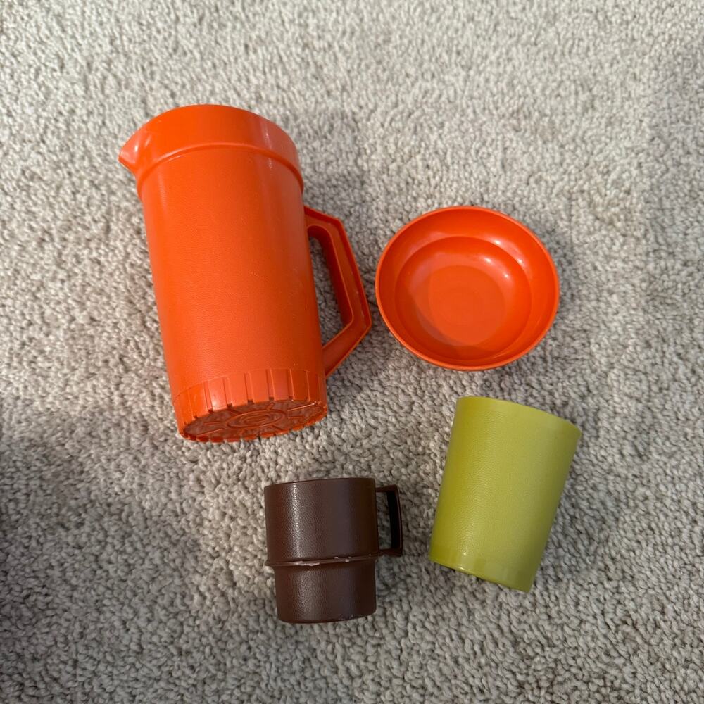 Vintage Tupperware Mini Toy Set 4 Pieces Pitcher 2 Cups 1 Bowl Harvest Color 70s
